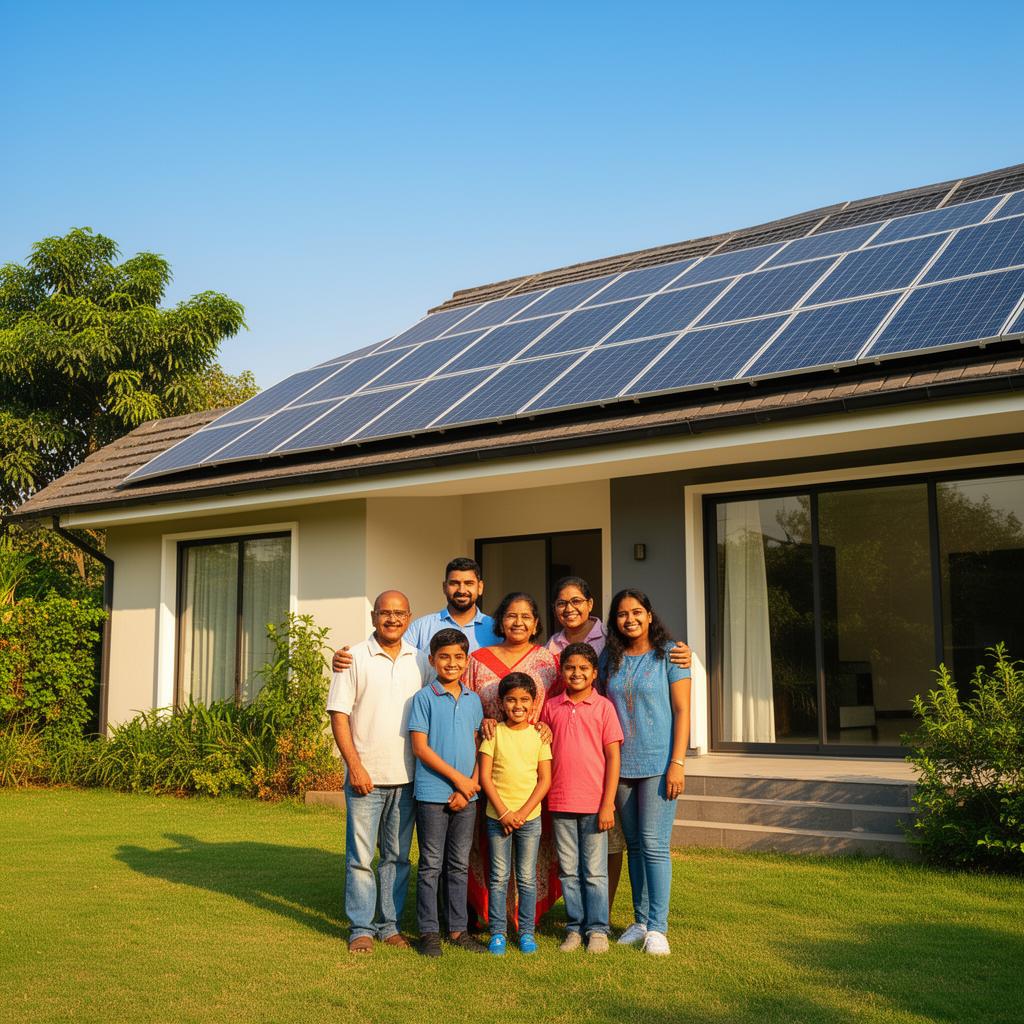 Indian family in front of their home with rooftop solar panels