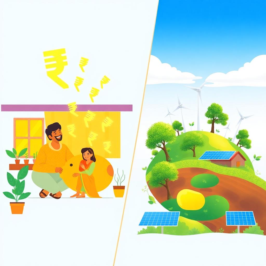 Illustration showing solar savings for an Indian family and a clean green environment
